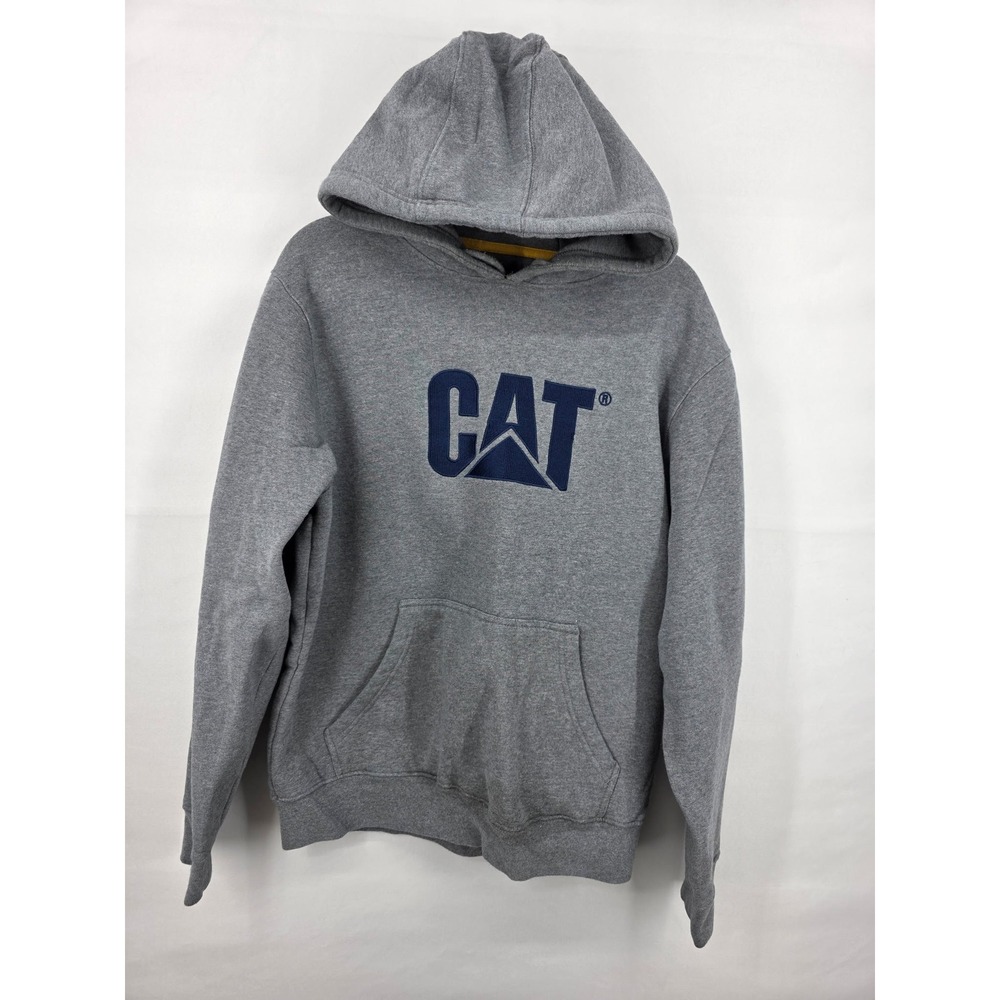 CAT Caterpillar Mens Logo Hoodie Gray Navy Blue Pullover Sweatshirt Large 2662